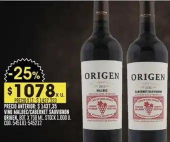 Coto VINO MALBEC/CABERNET SAUVIGNON ORIGEN, BOT. X 750 ML. STOCK 1.000 U. COD.545181-545212 oferta