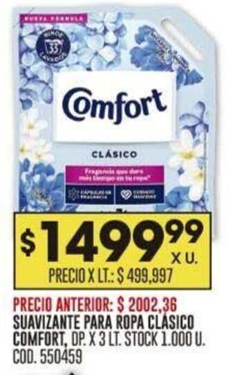 Coto SUAVIZANTE PARA ROPA CLÁSICO COMFORT, DP. X 3 LT. STOCK 1.000 U. COD. 550459 oferta