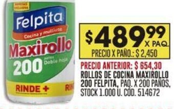 Coto ROLLOS DE COCINA MAXIROLLO 200 FELPITA, PAQ. X 200 PAÑOS, STOCK 1.000 U. COD. 514672 oferta
