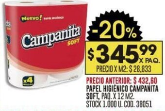 Coto PAPEL HIGIENICO CAMPANITA SOFT, PAQ. X 12 M2. STOCK 1.000 U. COD. 38051 oferta