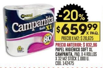 Coto PAPEL HIGIENICO SOFT XL CAMPANITA, PAQ. X 4 ROLLOS X 32 M2 oferta