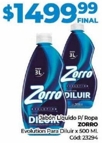 Diarco Jabón Líquido P/ Ropa ZORRO Evolution Para Diluir x 500 MI. Cód: 23294 oferta