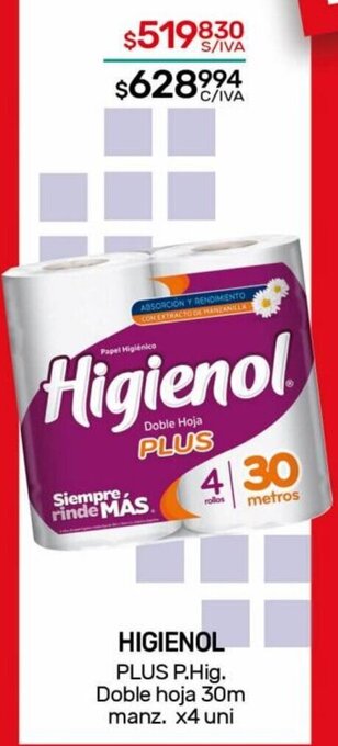 Nini Mayorista HIGIENOL PLUS P.Hig. Doble hoja 30m manz. x4 uni oferta