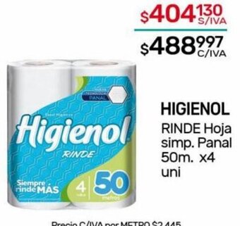 Nini Mayorista HIGIENOL RINDE Hoja Simp. Panal 50m x 4 uni oferta
