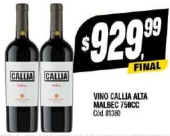 Supermercados Yaguar VINO CALLIA ALTA MALBEC 750CC Cód 81380 oferta