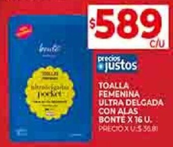 Supermercados DIA TOALLA FEMENINA ULTRA DELGADA CON ALAS BONTE X 16 U. oferta