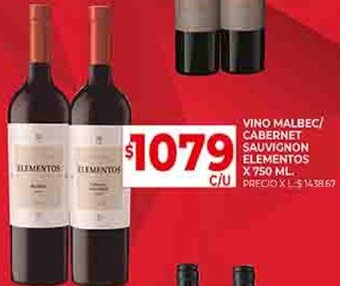 Supermercados DIA VINO MALBEC/ CABERNET SAUVIGNON ELEMENTOS X 750 ML. oferta
