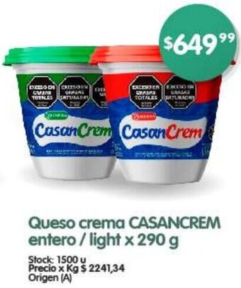 Supermercados Buenos Días Queso crema CASANCREM entero/ light x 290 g oferta