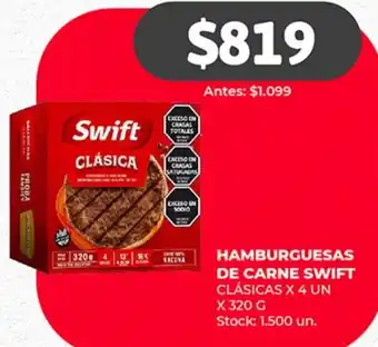 Supermercados Tadicor HAMBURGUESAS DE CARNE SWIFT CLÁSICAS X 4 UN X 320 G Stock: 1.500 un. oferta
