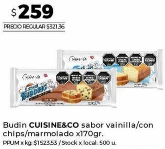 Disco Budin CUISINE&CO sabor vainilla/con chips/marmolado x170gr. oferta
