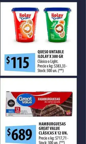 Punto Mayorista Queso Untable Ilolay Hamburguesas Great Value Clásicas oferta