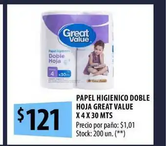 Punto Mayorista Great Value Papel Higienico Doble Hoja x 4x30mts oferta