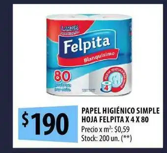 Punto Mayorista Felpita Papel Higiénico Simple Hoja x 4x80 oferta