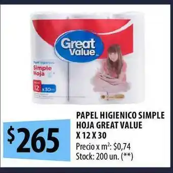 Punto Mayorista Great Value Papel Higienico Simple Hoja x 12x30 oferta