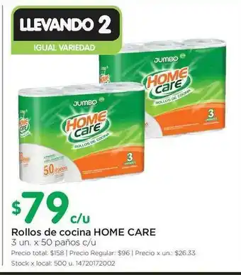 Jumbo Home Care Rollos De Cocina 3un x 50 paños oferta