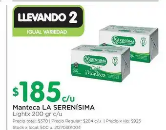 Jumbo Manteca La Serenísima Light x 200 gr c/u oferta