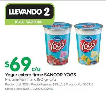 Jumbo Yogur Entero Firme Sancor Yogs x 190gr c/u oferta