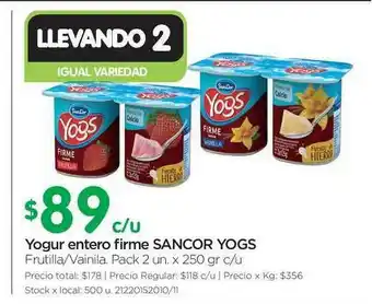 Jumbo Sancor Yogs Yogur Entero Firme Pack 2 un x 250gr c/u oferta