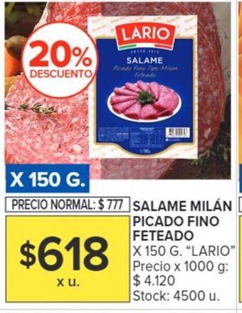 Carrefour SALAME MILÁN PICADO FINO FETEADO X 150 G. "LARIO" oferta