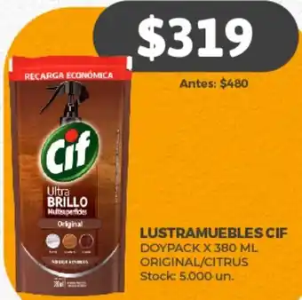 Supermercados Tadicor LUSTRAMUEBLES CIF DOYPACK X 380 ML ORIGINAL/CITRUS Stock: 5.000 un. oferta