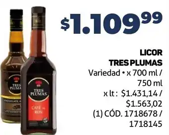 Makro LICOR TRES PLUMAS Variedad •x 700 ml/ oferta