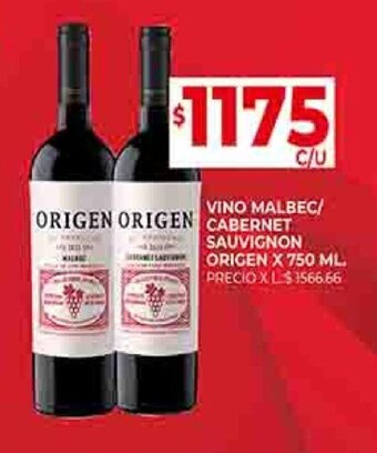 Supermercados DIA VINO MALBEC/CABERNET SAUVIGNON ORIGEN X 750 ML. oferta