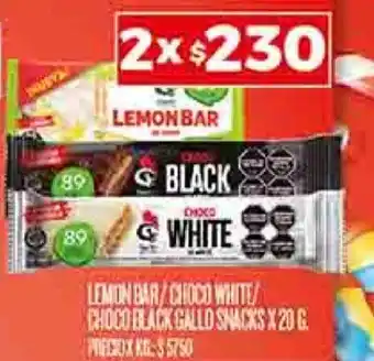 Supermercados DIA LEMON BAR/CHOCO WHITE CHOCO BLACK GALLO SNACKS X 20 G. X 2 oferta