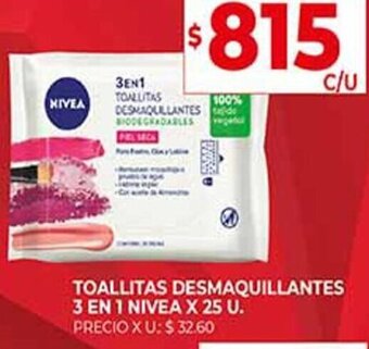 Supermercados DIA TOALLITAS DESMAQUILLANTES 3 EN 1 NIVEA X 25 U. oferta