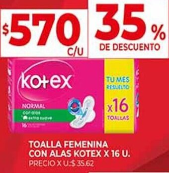Supermercados DIA TOALLA FEMENINA CON ALAS KOTEX X 16 U. oferta