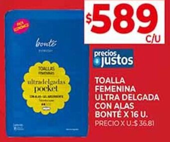 Supermercados DIA TOALLA FEMENINA ULTRA DELGADA CON ALAS BONTÉ X 16 U. oferta
