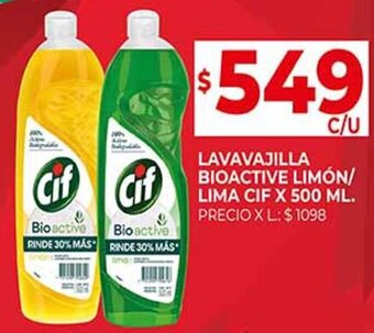 Supermercados DIA LAVAVAJILLA BIOACTIVE LIMÓN/ LIMA CIF X 500 ML. oferta