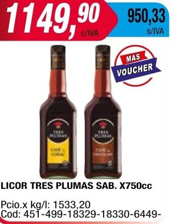 Maxiconsumo LICOR TRES PLUMAS SAB. X750cc oferta