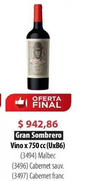 Parodi Gran Sombrero Vino x 750cc oferta