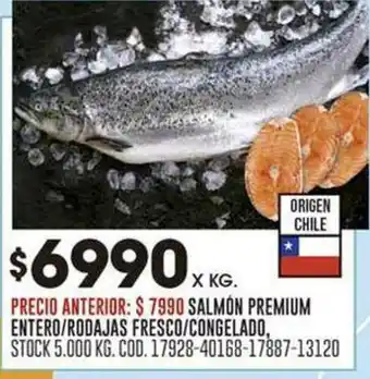 Coto SALMÓN PREMIUM ENTERO/RODAJAS FRESCO/CONGELADO, STOCK 5.000 KG. COD. 17928-40168-17887-13120 oferta
