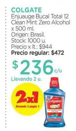 Farmacity Colgate Enjuague Bucal Total 12 Clean Mint Zero Alcohol x 500ml oferta