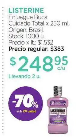 Farmacity Listerine Enjuague Bucal Cuidado Total x 250ml oferta