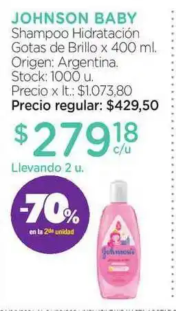 Farmacity Johnson Baby Shampoo Hidratación Gotas De Brillo x 400ml oferta