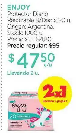 Farmacity Enjoy Protector Diario Respirable S Deo x 20u oferta