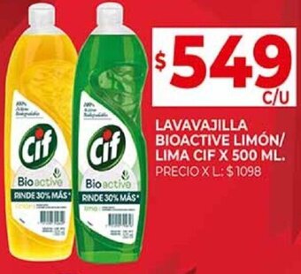Supermercados DIA LAVAVAJILLA BIOACTIVE LIMÓN/ LIMA CIF X 500 ML. oferta