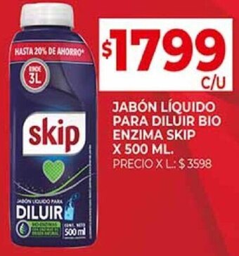 Supermercados DIA JABÓN LÍQUIDO PARA DILUIR BIO ENZIMA SKIP X 500 ML. oferta