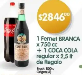 Supermercados Buenos Días 1 Fernet BRANCA x 750 cc + 1 COCA COLA regular x 2,5 lt de Regalo oferta