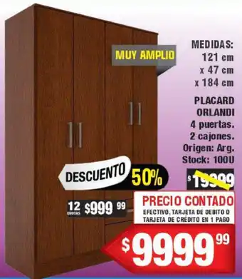 Placard Orlandi 4 puertas 2 cajones Medidas: 121 cm x 47cm x 184 cm