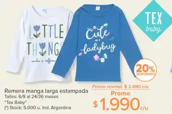 Carrefour Remera manga larga estampada Talles: 6/9 al 24/36 meses oferta