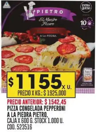 Coto PIZZA CONGELADA PEPPERONI A LA PIEDRA PIETRO. CAJA X 600 G. STOCK 1.000 U. COD.523516 oferta