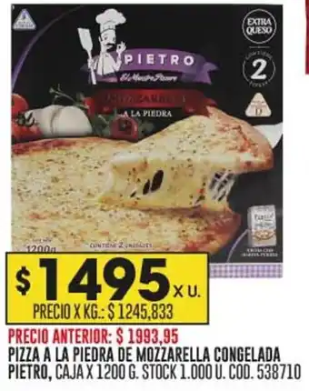 Coto PIZZA A LA PIEDRA DE MOZZARELLA CONGELADA PIETRO, CAJA X 1200 G. STOCK 1.000 U. COD. 538710 oferta