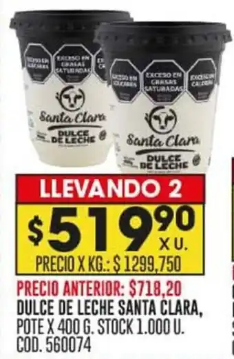 Coto DULCE DE LECHE SANTA CLARA, POTE X 400 G. STOCK 1.000 U. COD. 560074 oferta