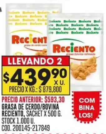 Coto GRASA DE CERDO/BOVINA RECIENTO, SACHET X 500 G. STOCK 1.000 U. oferta
