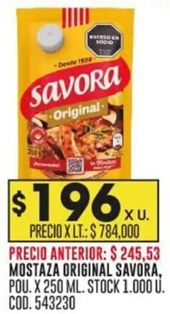 Coto MOSTAZA ORIGINAL SAVORA, POU. X 250 ML. STOCK 1.000 U. COD. 543230 oferta