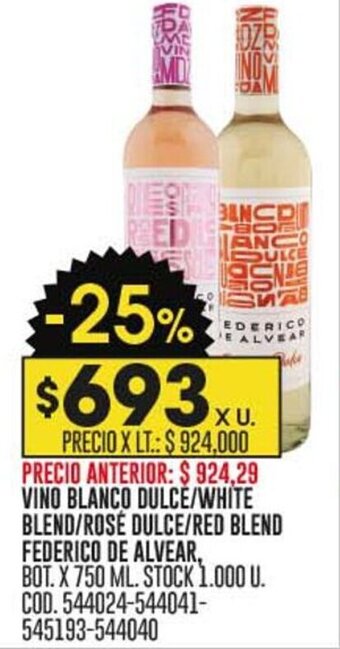 Coto VINO BLANCO DULCE/WHITE BLEND/ROSE DULCE/RED BLEND FEDERICO DE ALVEAR, BOT. X 750 ML. oferta