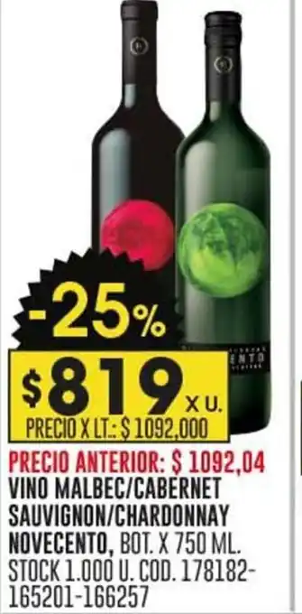 Coto VINO MALBEC/CABERNET SAUVIGNON/CHARDONNAY NOVECENTO, BOT. X 750 ML. oferta